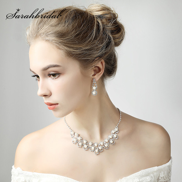 Fashion Wedding Bridal Jewelry Sets Party Necklace Earring Jewellery Set Rhinestone Simulated-pearl Jewelry Accessories 15036