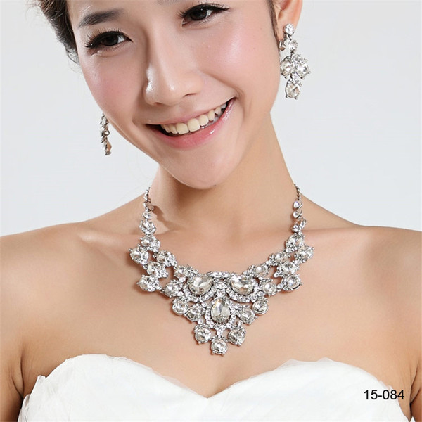 15084 Sets Cheap Womens Bridal Wedding Pageant Rhinestone Necklace Earrings Jewelry Sets for Party Bridal Jewelry