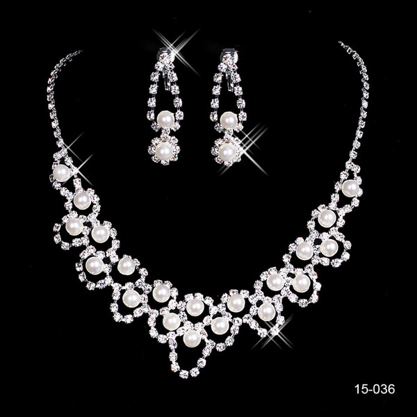 15036 Hot Sale Holy Rhinestone Crystal Earring Pearls Necklace Set Bridal Party Lobster Clasp Cheap Jewel Sets for Prom Evening Wedding