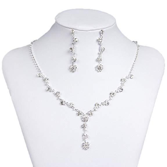 Sliver Necklace Pierced Earrings Flower Jewelry Sets for Wedding Bridal Party 15049