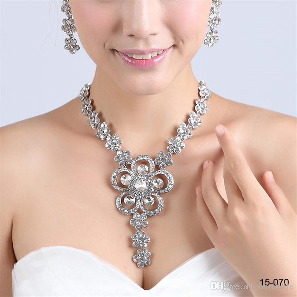 New Design 15070 Elegant Silver Plated Pearl & Rhinestone Bridal Necklace & Earrings Jewelry Set Cheap Accessories for Prom