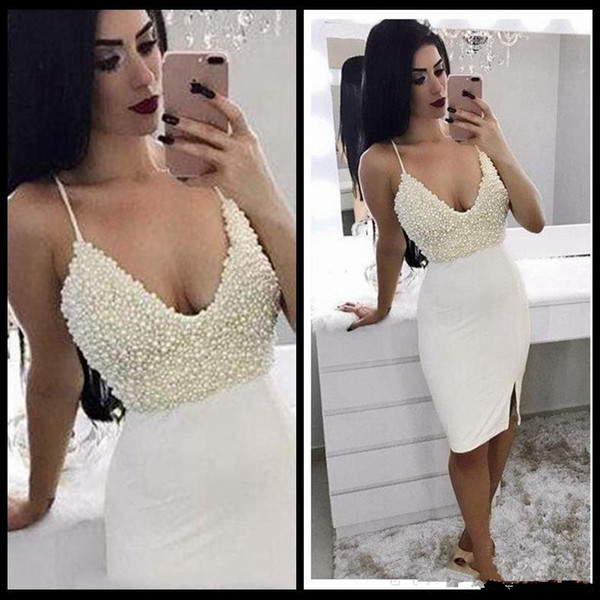 Elegant Knee Length Short Cocktail Dresses full Pearls V Neck Party Dress formal Prom Gown Special Occasion Guest Dress With Split Slit