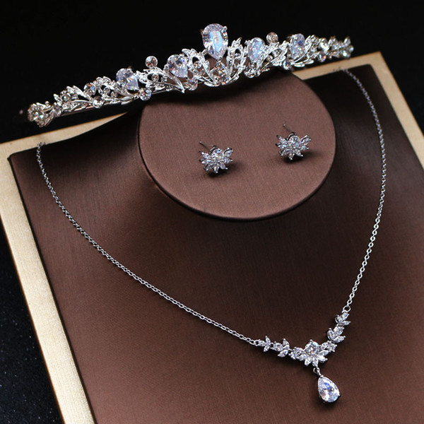 Fashion Zircon Bridal Necklace Earrings Set Silver Women Pageant Prom Jewelry Sets with tiara Wedding Accessories