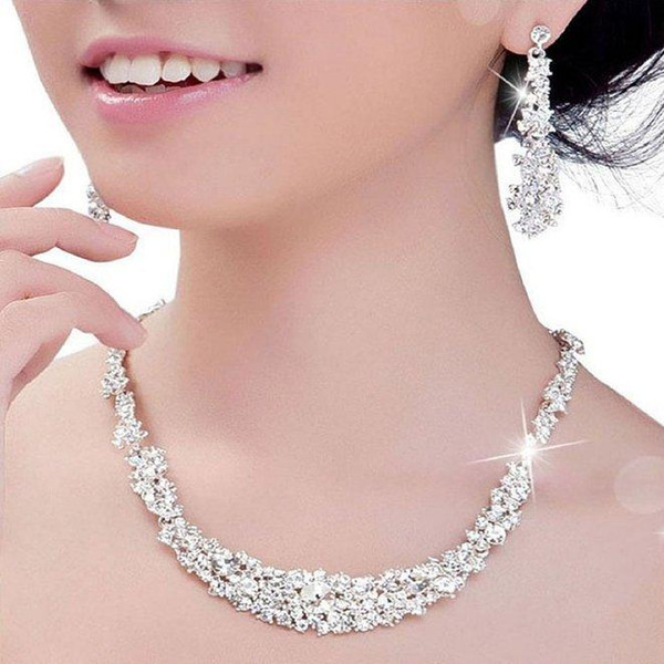 2018 Crystal Bridal Jewelry Set silver plated necklace diamond earrings Wedding jewelry sets for bride Bridesmaids women Bridal Accessories