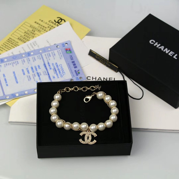 Best sell Famous Designer Design band classic Gold fashion Bracelet with white pearl accessories Packaging Box card free shipping C