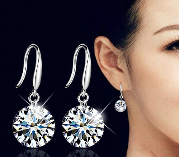 925 Sterling Silver Bridal Crystal Drop Earrings 8mm Classic Shiny Jewelry Wedding Accessories Rhinestone Earrings For Bride Women Girls F29