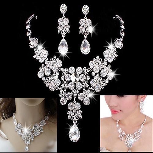 2019 Hot Selling Women Fashion Korean Style Crystal Wedding Earrings Adjustable Pendant Necklace Bridal Jewelry Set Cheap Free Shipping