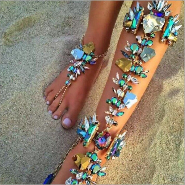 Sparkling Colorful Luxurious Beach Bridal Feet Ankle Bracelet Chain Beach Vacation Sexy Leg Chain Female Crystal Anklet Foot Jewelry