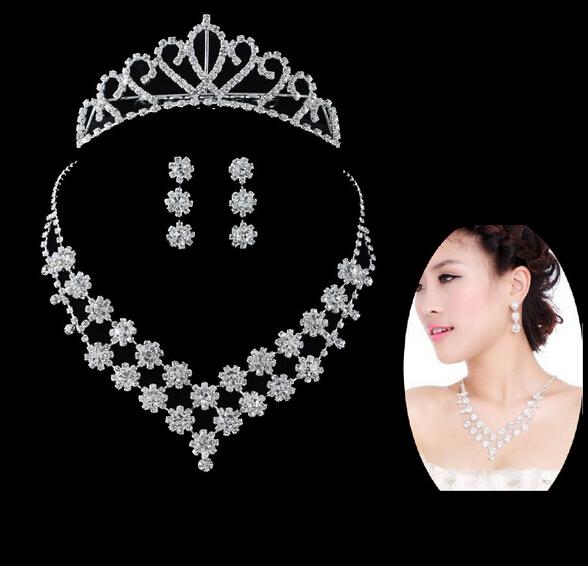 Fashion Crystal Bride Accessories Rhinestone Wedding Jewelry Sets with Necklace Earring Crown For Bride Bridal Wedding Free Shipping