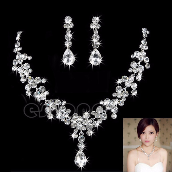 2018 Women Fashion Bridal Rhinestone Crystal Drop Necklace Earring Plated Jewelry Set Ear Clip Needle Wedding Earrings Pendant Cheap