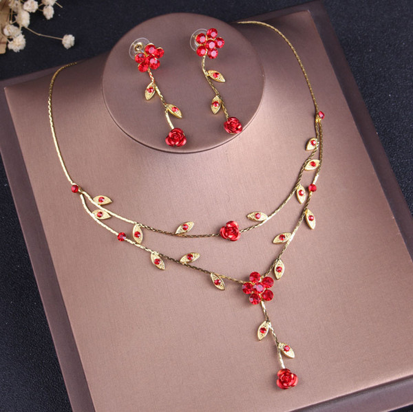 Sweet Red Flower Bridal Jewelry 2 Pieces Sets Necklace Earrings Bridal Jewelry Bridal Accessories Wedding Jewelry T220175