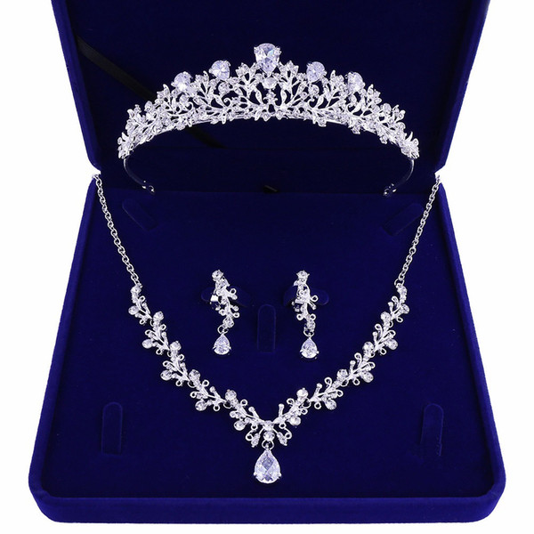 High-quality new bride crown tiara three-piece zircon necklace earrings princess birthday wedding with female accessories gift