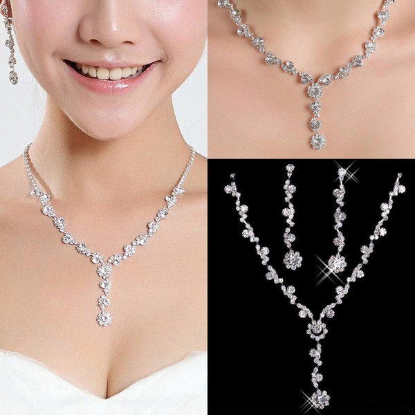 2018 Crystal Rhinestones Fashion silver plated necklace Sparkly earrings Wedding jewelry sets for bride Bridesmaids women Bridal Accessories