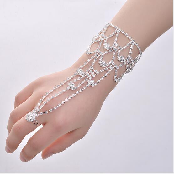 Shiny Crystal Bride Bracelet Wedding Jewelry Hand Back Chain Ring One Water Drops Bracelet Anklet Common Ladies Bridal Accessories