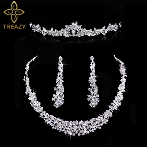 wholesale Fashion Silver Color Crystal Bride 3pcs Set Floral Necklace Earrings Headband Tiara Bridal Wedding Jewelry Sets For Women