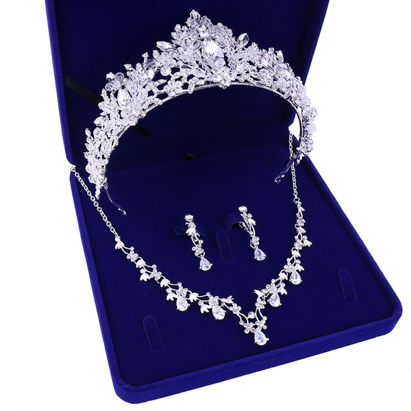 Prata luxo Joia de Cristal Do Cabelo Do Casamento Noiva Da Princesa Coroas E Tiaras Sets Brinco Colar Mulheres Acessorios