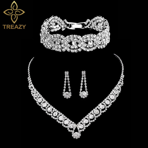 wholesale Silver Color Rhinestone Crystal Bridal Jewelry Sets for Women Necklace Earrings Bracelet Set Wedding Jewelry Accessories