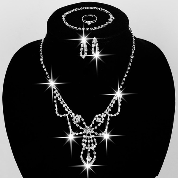 Vintage Bling Wedding Bridal Crystal Necklace Bridesmaid Rhinestone Necklace Bracelet Earrings Ring Set 4 IN 1 Nice Gift For Girl X043