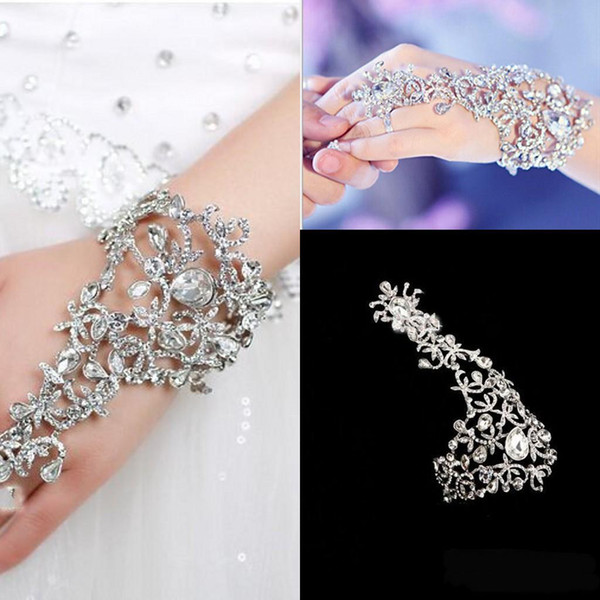 Sparkling Crystal Diamonds Bracelet With Ring Wristband Bridal Jewelry Prom Evening Party Bridal Accessories Crystal Rhinestones Bracelet