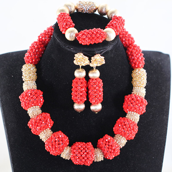 Handmade Crystal Beaded African Fashion Jewelry Set Red and Gold Nigerian Wedding Party Beads Jewelry Set WE243