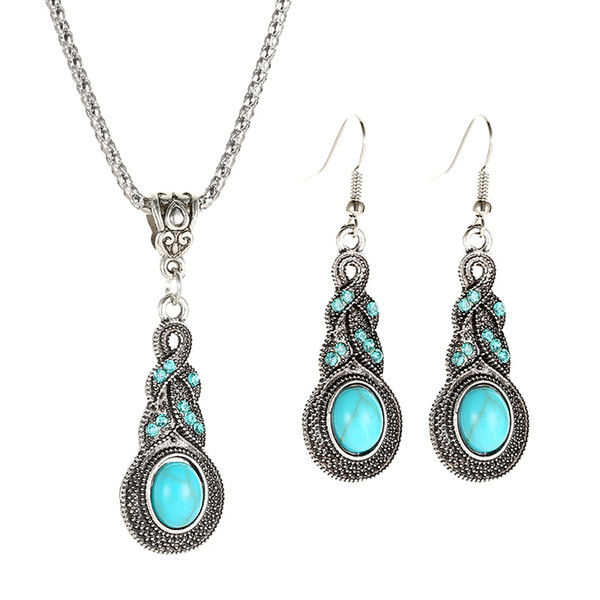 Turquoise Crystals Designer Earrings Necklace Bohemian Silver Drop Earring For Women Bridal Jewelry Boho Wedding Birthday Gift