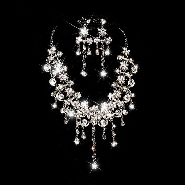 Bling Bridal Weddig Jewelry Set Crystal Earring Necklace Set Full Rhinestone Necklaces for Women Bridesmaid Bride