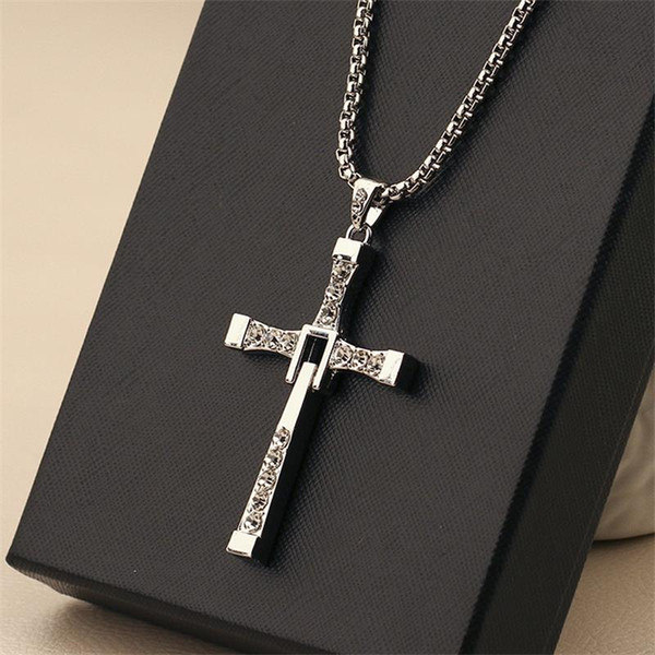 Fashion Alloy Cross Chain Fashion Men Or Women Rhinestone Design Necklace High Quality Thick Silver Chains With Free Shipping