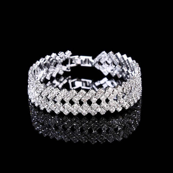 Amandabridal Silver/Gold Crystal Wedding Jewelry Bangles Bracelets for Women Costume Jewelry Cubic Zirconia Diamond Bridal Chain Bracelet