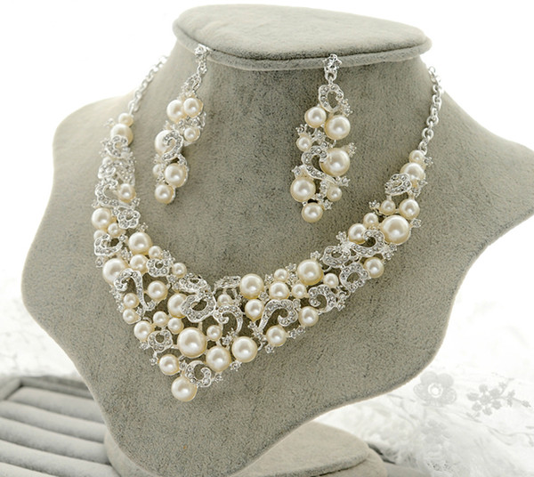 Fashion Wedding Party Bridal Ivory Imitation Pearl Rhinestone Crystal Necklace Earrings Set Jewelry Prom