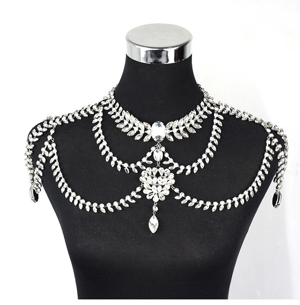 Wholesale Fashionable Wedding Bridal Bridesmaid Prom Silver Crystal Rhinestone Set Shoulder Body Chain Collar Necklace Jewelry Accessories