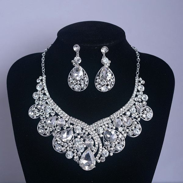 Retro Vintage Designer Water Drop Wedding Jewelry Clear Austrian Crystal Rhinestone Earrings Necklace Jewelry Sets