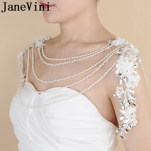 JaneVini Rhinestone Crystal Bridal Necklace Fashion Wedding Shoulder Chain Long Necklaces Bride Handmade Flowers Lace-Up Wrap Shawl