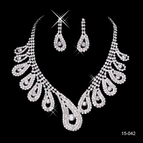 15042 Cheap Hot Sale Womens Bridal Wedding Pageant Rhinestone Necklace Earrings Jewelry Sets for Party Bridal Jewelry