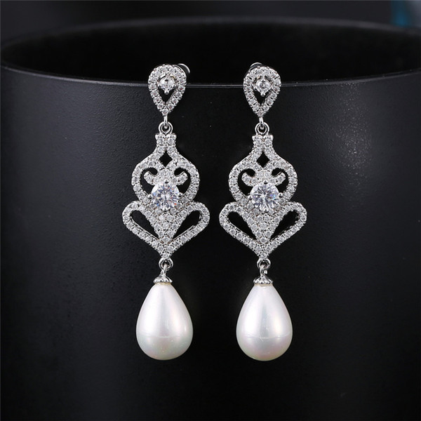 Vintage Wedding Bridal Earrings Teardrop Pearl Baroque Style Cubic Zirconia Post Earring Silver Gold Bridal Jewelry Wedding Earrings