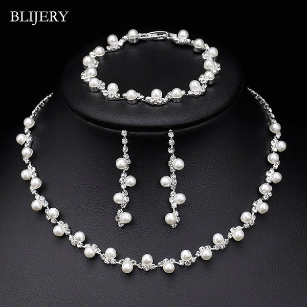 wholesale Fashion Simulated Pearl Crystal Bridal Jewelry Sets Simple Women Choker Necklace Earrings Bracelet Wedding Jewelry Sets