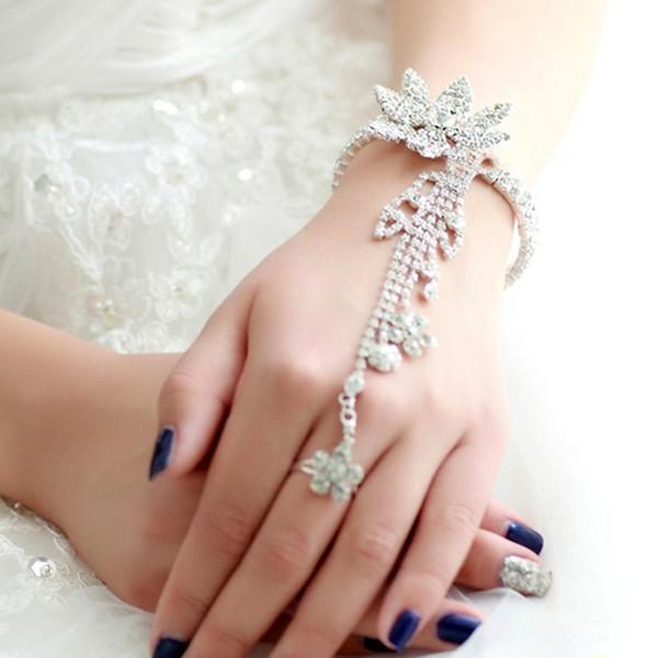 Hot Sell Bridal Jewelry Floral Crystal Rhinestone Bridal Bracelet with Ring Hand Chain Free Shipping High Quality In Stock Ready to Ship New