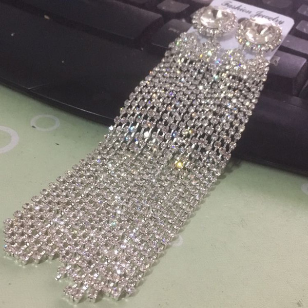 New Luxury Tassel Drop Earrings for Wedding 925 Sterling Silver Bridal Jewelry Long Chain with Crystal Sparkling Rhinestones