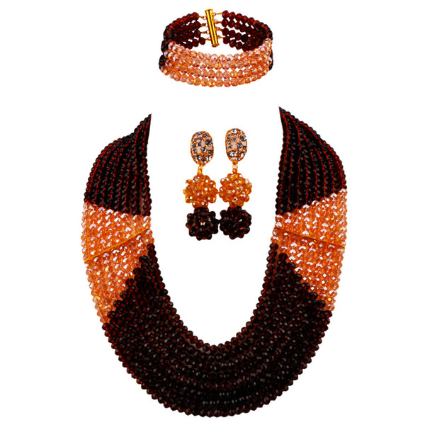 Fashionable Brown and Champagne Gold AB Nigerian Wedding African Beads Jewelry Set Crystal Necklace LBSJ03