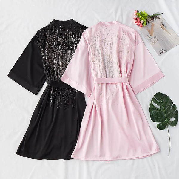 2019 Beads Bridal Robe Black Pink Gold Letter Printed Single Party Night Women Short Soft Wedding Kimono Sleepwear Spa Robes for Ladies