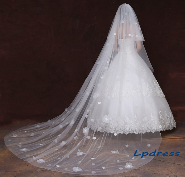 White Wedding Veils 3m Long Soft Tulle with Applique Beads Long Bridal Veils Soft Tulle 2 Layers with Comb Wedding Accessories Cheap