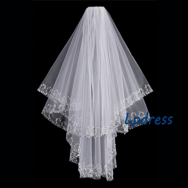 2017 White,Ivory Wedding veils 2 layers Soft tulle with Sparking Beads Sequins Bridal Veils with Comb Cheap Wedding Accessories 2017