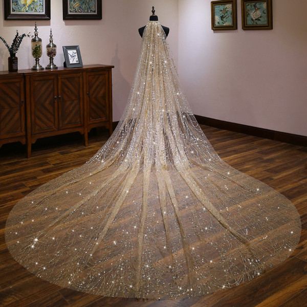 Top Quality Champagne Wedding Veil Soft Tulle with Sparkling Beading Long Bridal Veils High Quality 