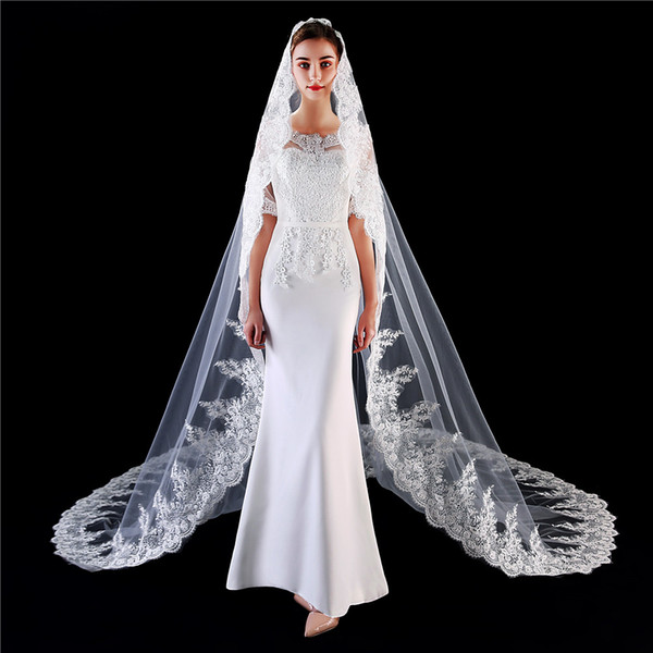 New Arrival Long Cathedral Veil Ivory Lace Appliques 3m 5m Custom Made Bridal Veil Decorations One Layers veu de noiva catedral