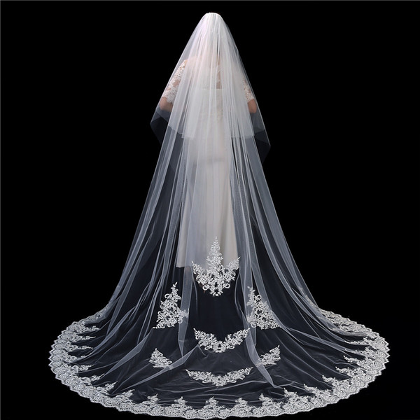 New Arrival Long Cathedral Veil with Comb Ivory Lace Appliques 3m 5m Custom Made Bridal Veil Decorations veu de noiva catedral