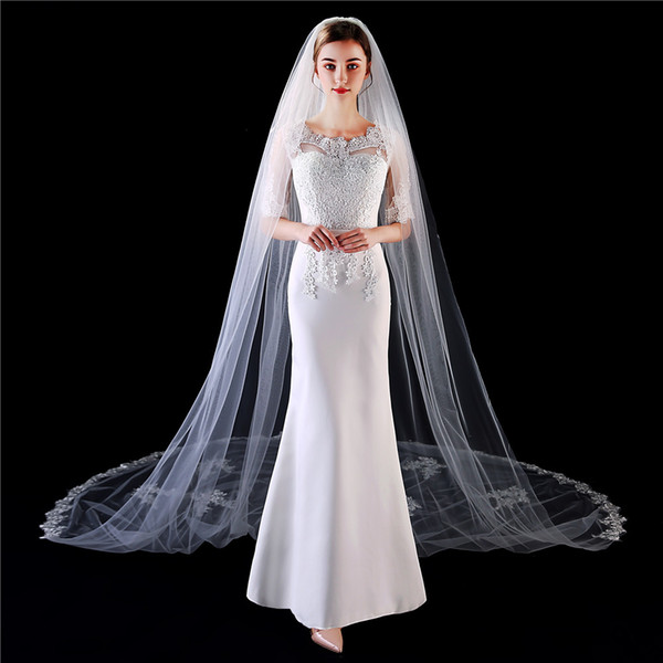 Long Cathedral Veil Ivory Lace Appliques 3m Custom Made Bridal Veil Decorations One Layers veu de noiva catedral