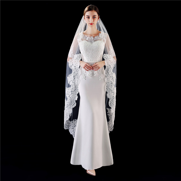 Wedding Veil with Comb Long White Lace Appliques Edge Elegant Bridal Veil Decorations One Layers veu de noiva catedral