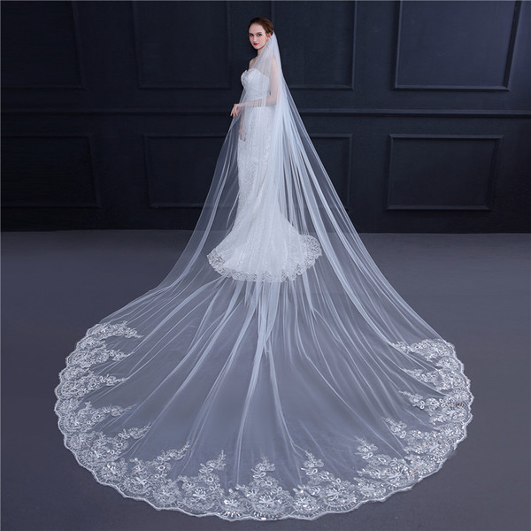 Elegant 4 Meter Cathedral Wedding Veils Long Lace sequins Edge Bridal Veil with Metal Comb Wedding Accessories High quality