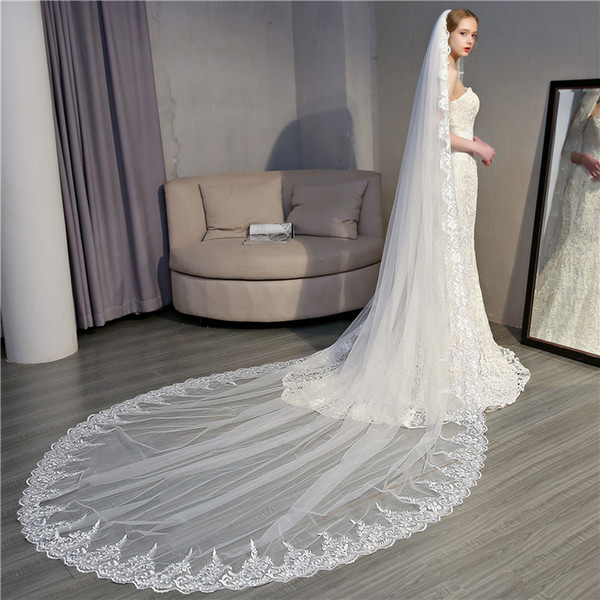 2022Real Photos Cathedral Veil High Quality one layer Lace appliques edge Wedding Veil with Comb New Elegant Bridal Veil