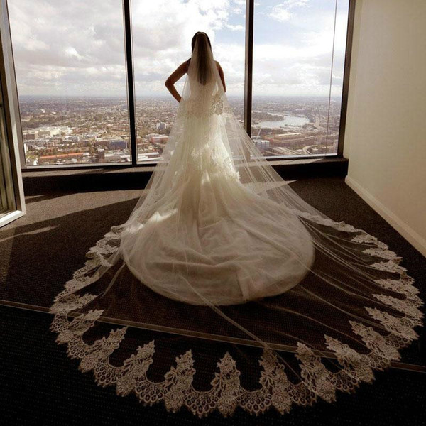 Wedding Veil Ivory White Cathedral Brides veil Long Lace Edge Bridal Veil Wedding Accessories Bride Veu Beaded