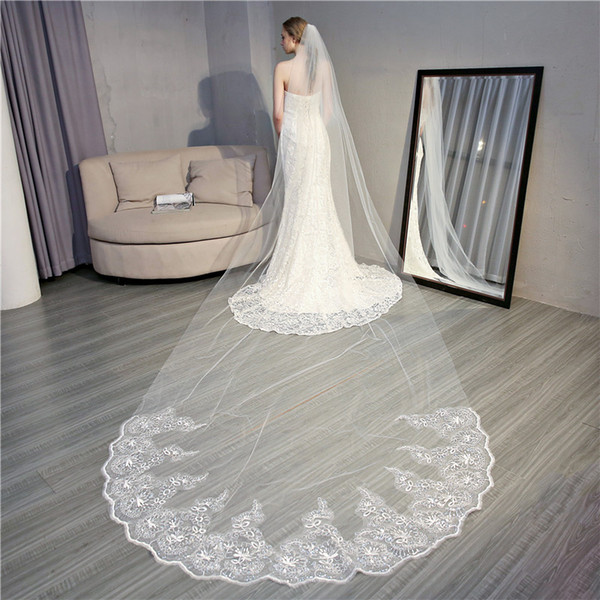 Sequins Lace Edge Luxury Cathedral Wedding Veil Ivory/White Hot Sale Custom Made Wedding Accessories Long Bridal Veil